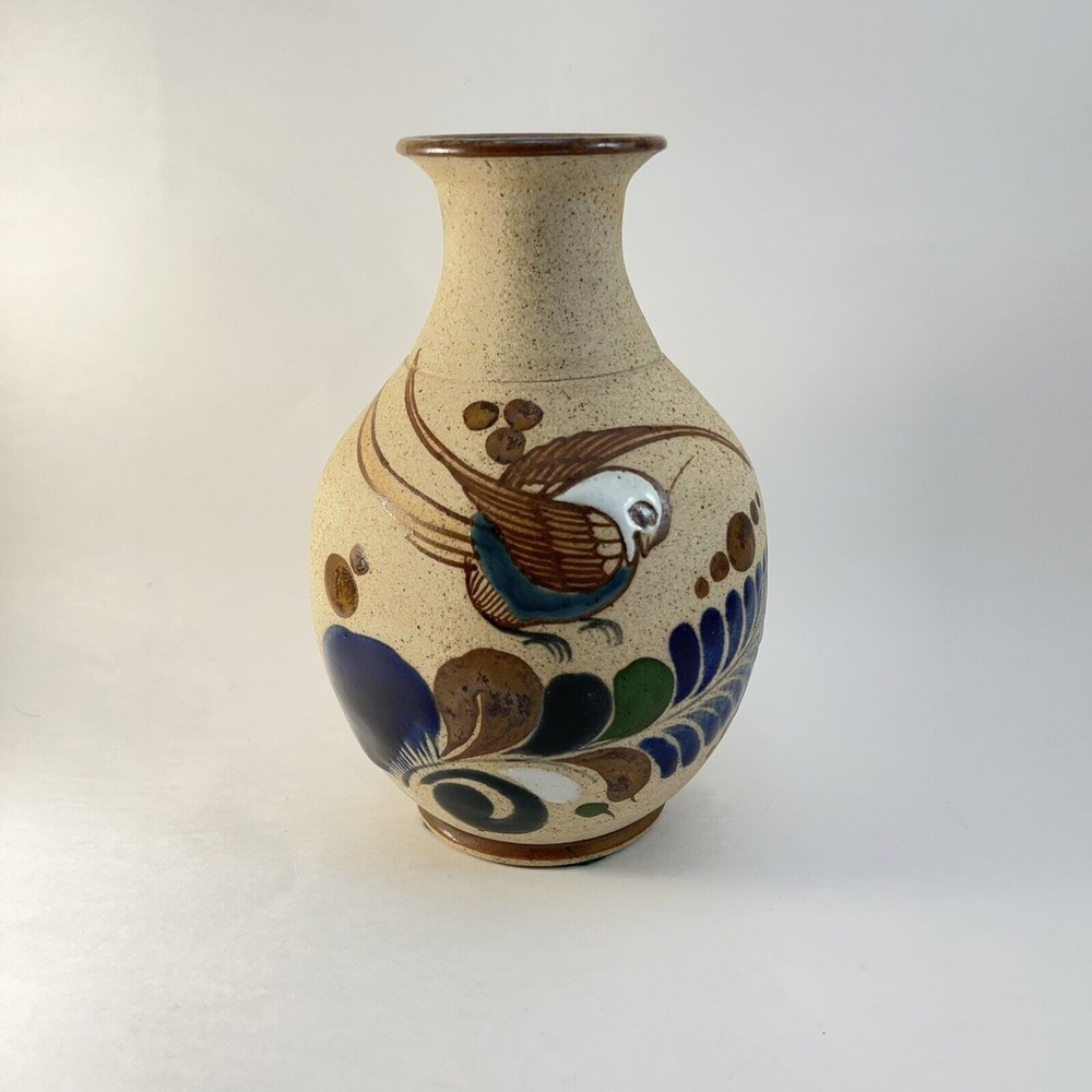 Vtg Mazatlan Mexican Pottery Tonala Vase Hand Painted Folk Art Bird Ceramic 7”